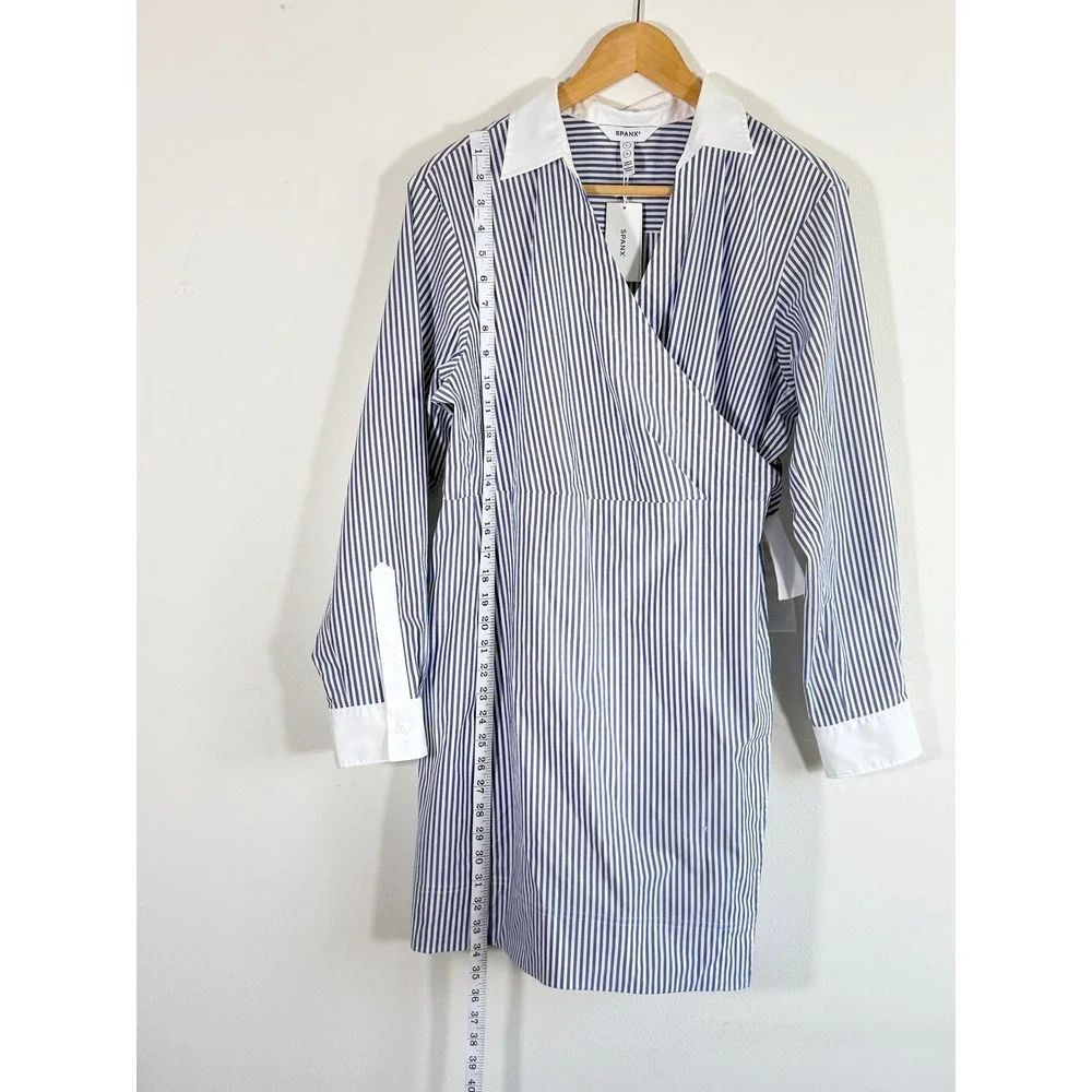 NWT SPANX The Best Stretch Cotton Poplin Wrap Shirtdress Blue White‎ Stripe L